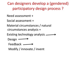 Can designers develop a (gendered)
participatory design process ?
Need assessment +
Social assessment +
Material circumstances / natural
circumstances analysis +
Existing technology analysis
Design
Feedback
Modify / innovate / invent
 