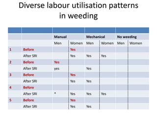 Diverse labour utilisation patterns
in weeding
Manual Mechanical No weeding
Men Women Men Women Men Women
1 Before Yes
After SRI Yes Yes Yes
2 Before Yes
After SRI yes Yes
3 Before Yes
After SRI Yes Yes
4 Before
After SRI * Yes Yes Yes
5 Before Yes
After SRI Yes Yes
 