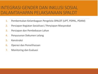 INTEGRASI GENDER DAN INKLUSI SOSIAL
DALAMTAHAPAN PELAKSANAAN SPALDT
1. Pembentukan Kelambagaan Pengelola SPALDT (UPT, PDPAL, PDAM)
2. Persiapan Kegiatan Sosialisasi / Penyiapan Masyarakat
3. Persiapan dan Pembebasan Lahan
4. Penyusunan Dokumen Lelang
5. Konstruksi
6. Operasi dan Pemeliharaan
7. Monitoring dan Evaluasi
 