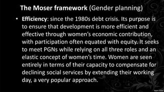 The Moser framework (Gender planning)
• Efficiency: since the 1980s debt crisis. Its purpose is
to ensure that development is more efficient and
effective through women’s economic contribution,
with participation often equated with equity. It seeks
to meet PGNs while relying on all three roles and an
elastic concept of women’s time. Women are seen
entirely in terms of their capacity to compensate for
declining social services by extending their working
day, a very popular approach.
 