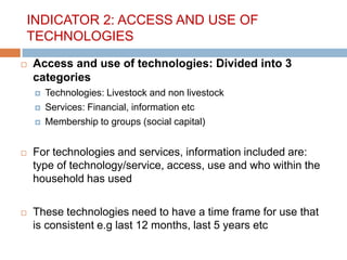 Gender, livestock and livelihood indicators