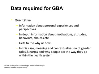Data required for GBA
• Qualitative
‒ Information about personal experiences and
perspectives
‒ In depth information about motivations, attitudes,
behaviors, choices etc.
‒ Gets to the why or how
‒ In this case, meaning and contextualization of gender
roles & norms and why people act the way they do
within the health system
Source: PAHO (2009). Guidelines got gender-based analysis
of health data for decision making.
 
