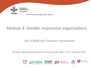 Module 3: Gender responsive organizations
ILRI, ICARDA and Transition International
Gender Capacity Development Training, ILRI Addis, 23-27 October 2017
 
