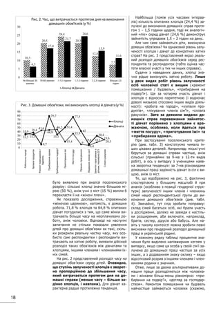 18
було виявлено при аналізі поселенського
розрізу: сільські хлопці значно більшою мі-
рою (50 %), аніж учні з міст (15 %) воліли б
перекласти її на «жіночі плечі».
Як показало дослідження, справжньою
«жіночою цариною», натомість, є домашня
робота. 71,8 % хлопців та 84,8 % опитаних
дівчат погодилися з тим, що саме жінки ви-
трачають більше часу на неоплачувану ро-
боту, аніж чоловіки. Відповіді на наступні
запитання не стільки показали уявлення
дітей про домашні обов’язки як такі, скіль-
ки розкрили реальну частку часу, яку осо-
бисто самі респондентки і респонденти ви-
трачають на хатню роботу, виявили дійсний
розподіл таких обов’язків між дівчатами та
хлопцями, іншими членами і членкинями їх-
ніх сімей.
На рис. 2 представлений розподіл часу на
домашні обов’язки серед дітей. Очевидно,
що ступінь залученості хлопців є зворот-
но пропорційною до збільшення часу,
який витрачається протягом дня на до-
машні справи (менше часу – більше за-
діяно хлопців, і навпаки). Для дівчат ха-
рактерна радше протилежна тенденція.
Найбільша (поміж усіх часових інтерва-
лів) кількість опитаних хлопців (24,4 %) за-
лучені до виконання домашніх справ протя-
гом 1 – 1,5 години щодня, тоді як аналогіч-
ний «пік» серед дівчат (24,6 %) демонструє
зайнятість упродовж 1,5 – 2 годин на день.
Але чим саме займаються діти, виконуючи
домашні обов’язки? Чи однаковий рівень залу-
ченості хлопців і дівчат до конкретних хатніх
справ? На рис. 3 представлений якраз реаль-
ний розподіл домашніх обов’язків серед рес-
пондентів та респонденток (тобто оцінка час-
тоти власної участі у тих чи інших справах).
Судячи з наведених даних, хлопці зна-
чно рідше виконують хатню роботу. Лише
у двох видах робіт рівень залученості
осіб чоловічої статі є вищим («ремонт
помешкання / будівель», «прибирання на
подвір’ї»). Ще за чотирма участь дівчат і
хлопців є відносно паритетною (і водночас
доволі низькою стосовно інших видів діяль-
ності): «робота на городі», «купівля про-
дуктів», «лікування членів сім’ї», «сплата
рахунків». Зате за деякими видами до-
машніх справ переважання зайнятос-
ті дівчат порівняно з хлопцями є вра-
жаючою, особливо, коли йдеться про
«миття посуду», «приготування їжі» та
«прибирання вдома».
При застосуванні поселенського крите-
рію (див. табл. 3) констатуємо чимало ін-
ших цікавих деталей. Наприклад: міські учні
беруться за домашні справи частіше, аніж
сільські (принаймні за 9-ма з 12-ти видів
робіт), а ось у випадку з ученицями наяв-
на зворотна тенденція: за 7-ма різновидами
домашньої праці задіяність дівчат із сіл є ви-
щою, аніж із міст.
Те, що відображено на рис. 3, фактично
спостерігаємо у більшому масштабі й при
аналізі (особливо з позиції гендерної струк-
тури) залученості інших членів і членкинь
сімей нашої респондентської групи до ви-
конання домашніх обов’язків (див. табл.
4). Звичайно, тут слід зробити поправку:
склад сімей багатьох осіб, які брали участь
у дослідженні, далеко не завжди є настіль-
ки розширеним, аби включати, наприклад,
братів, сестер, дідусів або бабусь. Але на-
віть у такому контексті можна зробити певні
висновки про гендерний розподіл домашньої
праці в українській родині.
У кожному рядку таблиці процентне зна-
чення було виділено напівжирним кеглем у
випадку, якщо саме ця особа у своїй сім’ї за-
лучена до домашньої праці частіше за усіх
інших, а з додаванням знаку оклику – якщо
відсотковий розрив з іншими членами і член-
кинями родини є значним.
Отже, лише за двома альтернативами до-
машня праця розподіляється між чоловіка-
ми і жінками більш-менш рівномірно: «при-
бирання на подвір’ї», «догляд за господар-
ством». Ремонтом помешкання чи будівель
найчастіше займаються чоловіки (скажімо,
10,3
20,5
24,4
20,5
12,8
7,7
6,5
17,4
21,7
24,6
15,9
11,6
0
5
10
15
20
25
30
Не більше 30
хвилин
30-60 хвилин 1-1,5 години 1,5-2 години 2-2,5 години Більше 2,5
годин
Рис. 2. Час, що витрачається протягом дня на виконання
домашніх обов'язків (у %)
Хлопці Дівчата
35,9
33,3
43,6
44,9
46,2
15,4
35,9
9
6,4
14,1 20,5
33,3
38,4
8,7
79,7
33,3
51,4
77,5
42
9,4
30,4
19,6
0
10
20
30
40
50
60
70
80
90
Роботанагороді
Купівляпродуктів
Ремонтпомешкання/
будівель
Прибираннявдома
Прибираннянаподвір'ї
Приготуванняїжі
Миттяпосуду
Прання,прасування
Лікуваннячленівсім'ї
Заняттяіпрогулянкиз
дітьми,перевіркаД/З
СплатарахунківРис. 3. Домашні обов'язки, які виконують хлопці й дівчата(у %)
Хлопці
Дівчата
 