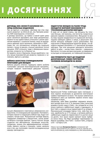 21
І ДОСЯГНЕННЯХ
ДОПОВІДЬ ООН: ЖІНКИ Й НАСЕЛЕННЯ СІЛ –
СЕРЕД НАЙБІЛЬШ ЗНЕДОЛЕНИХ
Про це йдеться у висновках «Доповіді про стан люд-
ського розвитку» за 2016-ий рік, яку Програма розви-
тку ООН оприлюднила у Стокгольмі.
У доповіді зазначено, що майже в кожній країні деякі
групи населення відчувають різні види дискримінації.
Україна та інші країни можуть зіткнутися з різким зрос-
танням нерівності і соціальної ізоляції, якщо не захища-
тимуть вразливі групи населення, зазначають в ООН.
Серед тих, хто систематично потерпає від соціальної
ізоляції, є жінки та дівчата, сільське населення, етнічні
меншини, ЛГБТ-спільнота, люди з обмеженими можли-
востями, мігранти/-ки та біженці/-ки.
Як правило, жінки є біднішими, менше заробляють і ма-
ють менше можливостей для розвитку порівняно з чо-
ловіками, йдеться у доповіді.
БЕЙОНСЕ ЗАПУСТИЛА СТИПЕНДИАЛЬНУЮ
ПРОГРАММУ ДЛЯ ЖЕНЩИН
Бейонсе решила отметить годовщину своего альбома
«Lemonade» запуском благотворительной программы,
которая позволит талантливым девушкам получить
высшее образование в престижных американских уни-
верситетах. В стипендиальной программе «Formation»,
которая стартует в следующем учебном году, будут уча-
ствовать четыре вуза: Музыкальный колледж Беркли,
Говардский университет в Вашингтоне, школа дизай-
на Parsons и колледж Spelman. Гранты получат четыре
студентки или абитуриентки, изучающие искусство,
литературу, музыку или афроамериканскую историю.
Чтобы принять участие в конкурсе, нужно написать
эссе о том, как «Lemonade» повлиял на академическую
карьеру претендентки.
НЕДОСТАТОК ЖЕНЩИН НА РЫНКЕ ТРУДА
ОБХОДИТСЯ МИРОВОЙ ЭКОНОМИКЕ В 17
ТРИЛЛИОНОВ ДОЛЛАРОВ ЕЖЕГОДНО
В мире нет ни одной страны, где женщины бы полу-
чали больше, чем мужчины, или могли бы похвастаться
равными правами и возможностями. Женщинам по все-
му миру труднее продвигаться по социальной лестнице,
труднее совмещать работу и семью, в результате чего
многие женщины выбирают участь домохозяйки. Как
подсчитали в Международном валютном фонде, это об-
ходится мировой экономике в 17 триллионов долларов
ежегодно. При этом женщинам приходится выполнять
работу по дому – иногда очень тяжелую – совершенно
бесплатно, что очень выгодно мужчинам, но совершенно
не выгодно ни женщинами, ни глобальной экономике.
АБИ ПРИВЕРНУТИ УВАГУ ДО ГЕНДЕРНОЇ
ДИСКРИМІНАЦІЇ, FORBES ПЕРЕТВОРИВ
ЧОЛОВІКІВ-МІЛЬЯРДЕРІВ НА ЖІНОК
Бразильський Forbes опублікував серію ілюстрацій, у
яких відомих мільйонерів за допомогою комп’ютерної
графіки перетворили на жінок. Так журнал намагається
привернути увагу до проблеми нерівної оплати праці
чоловіків та жінок.
Наприклад, якби Марк Цукерберг народився жінкою,
його доходи були б на 21 % меншими (така статистика
розриву в оплаті праці у США), і він посідав би не п’яте
місце в рейтингу найбагатших людей, а одинадцяте. А
Білл Гейтс з першого місця перемістився б на четверте.
Мексиканський мільярдер Карлос Слім, якби був жін-
кою, заробляв би на 17 % менше, у світовому рейтингу
найбагатших людей він перемістився б із шостого місця
на десяте. Усім трьом героям кампанії також підібра-
ли жіночі імена. Так Марк Цукерберг перетворився на
Марсію Цукерберг, Білл Гейтс – на Біллі Гейтс, а Карлос
Слім – на Карлу Слім.
Рубрику підготував Володимир Карпов за матеріалами веб-
сторінок: www.wonderzine.com, dengi.ua, rev.org.ua, www.bbc.com,
www.unmultimedia.org, osvita.mediasapiens.ua, www.radiosvoboda.org.
 