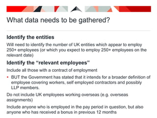What data needs to be gathered?
Identify the entities
Will need to identify the number of UK entities which appear to employ
250+ employees (or which you expect to employ 250+ employees on the
relevant date)
Identify the “relevant employees”
Include all those with a contract of employment
 BUT the Government has stated that it intends for a broader definition of
employee covering workers, self employed contractors and possibly
LLP members.
Do not include UK employees working overseas (e.g. overseas
assignments)
Include anyone who is employed in the pay period in question, but also
anyone who has received a bonus in previous 12 months
 