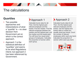 The calculations
Quartiles
 Two possible
approaches and
interpretations of what
a “quartile” is – no clear
decision from
Government yet on
which is the correct
approach.
 Approach 1 is the
statistical definition of
“quartiles” and seems
to be what Regulations
intend, but approach 2
has been referenced by
Government.
Calculate hourly rates for all.
Then, find the highest paid
relevant employee and the
lowest. Find the median. Find the
relevant employee between the
median and the highest paid, and
the median and the lowest paid.
You will have four equal sized
groups of employees. Calculate
the proportion of women within
each group.
Calculate hourly rates for all.
Then, find the highest paid
relevant employee and the
lowest. Use the highest and
lowest rates to create four
equally sized pay bands. Count
the number of relevant
employees within each pay band.
Calculate the proportion of
women within each pay band.
Approach 1 Approach 2
 