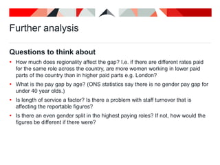 Further analysis
Questions to think about
 How much does regionality affect the gap? I.e. if there are different rates paid
for the same role across the country, are more women working in lower paid
parts of the country than in higher paid parts e.g. London?
 What is the pay gap by age? (ONS statistics say there is no gender pay gap for
under 40 year olds.)
 Is length of service a factor? Is there a problem with staff turnover that is
affecting the reportable figures?
 Is there an even gender split in the highest paying roles? If not, how would the
figures be different if there were?
 