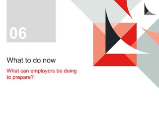 What to do now
What can employers be doing
to prepare?
06
 