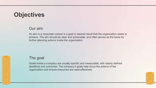 Objectives
An aim in a corporate context is a goal or desired result that the organization seeks to
achieve. The aim should be clear and achievable, and often serves as the basis for
further planning actions inside the organization
Goals inside a company are usually specific and measurable, with clearly defined
deadlines and outcomes. The company’s goals help focus the actions of the
organization and ensure resources are used effectively
Our aim
The goal
 