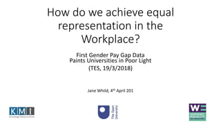 How do we achieve equal
representation in the
Workplace?
First Gender Pay Gap Data
Paints Universities in Poor Light
(TES, 19/3/2018)
Jane Whild, 4th April 201
 