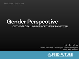 ROUND TABLE | JUNE 13, 2022
Gender Perspective

OF THE GLOBAL IMPACTS OF THE UKRAINE WAR
Nicole Lefore
Director, Innovation Laboratory for Small-Scale Irrigation
Texas A&M University
 