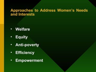 Approaches to Address Women’s Needs and Interests Welfare Equity  Anti-poverty Efficiency Empowerment   