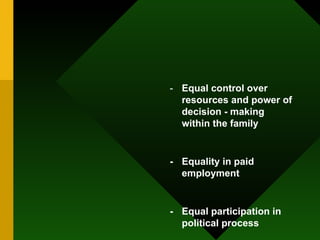 - Equal control over resources and power of decision - making within the family - Equality in paid employment - Equal participation in political process 