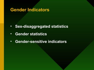 Gender Indicators Sex-disaggregated statistics Gender statistics Gender-sensitive indicators 