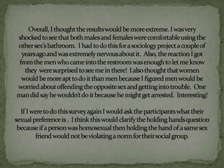 Overall, I thought the results would be more extreme. I was very shocked to see that both males and females were comfortable using the other sex’s bathroom.  I had to do this for a sociology project a couple of years ago and was extremely nervous about it.  Also, the reaction I got from the men who came into the restroom was enough to let me know they  were surprised to see me in there!  I also thought that women would be more apt to do it than men because I figured men would be worried about offending the opposite sex and getting into trouble.  One man did say he wouldn’t do it because he might get arrested.  Interesting!If I were to do this survey again I would ask the participants what their sexual preference is .  I think this would clarify the holding hands question because if a person was homosexual then holding the hand of a same sex friend would not be violating a norm for their social group.