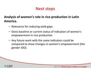 Incorporating the gender dimension on the use of rice technologies in Latin America 