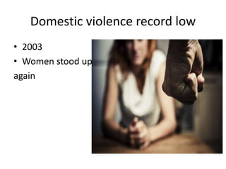 Domestic violence record low
• 2003
• Women stood up
again
 