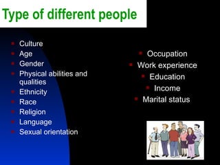 Type of different people  Culture Age Gender Physical abilities and qualities Ethnicity Race Religion Language Sexual orientation  Occupation Work experience Education Income Marital status   