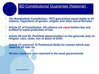 BD Constitutional Guarantee (National)   .  The Bangladesh Constitution, 1972 guaranteed equal rights to all citizens, regardless of gender, religion and other social division. Article 27 of Constitution- All citizens are  equal  before law and entitled to equal protection of law. Article 28 and 29: Prohibits dissemination on the grounds only on religion, race, caste, sex or place of birth. Article (3) reserved 15 Parliament Seats for women which was raised to 45 later on. Women seats are also reserved in the local governments. 