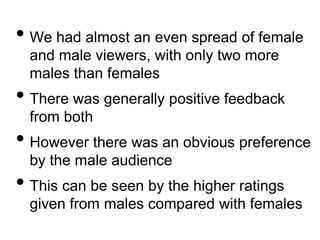 • We had almost an even spread of female
and male viewers, with only two more
males than females
• There was generally positive feedback
from both
• However there was an obvious preference
by the male audience
• This can be seen by the higher ratings
given from males compared with females