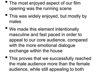 • The most enjoyed aspect of our film
opening was the running scene
• This was widely enjoyed, but mostly by
males
• We made this element intentionally
masculine and fast paced in order to
appeal to our core audience, compared
with the more emotional dialogue
exchange within the house
• This proves that we successfully reached
the male audience more than the female
audience, while still appealing to both