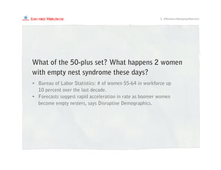 What of the 50-plus set? What happens 2 women
with empty nest syndrome these days?
• Bureau of Labor Statistics: # of women 55-64 in workforce up
10 percent over the last decade.
• Forecasts suggest rapid acceleration in rate as boomer women
become empty nesters, says Disruptive Demographics.
1. #Women=WorkplaceWarriors
 