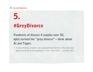 #GreyDivorce
• In grey divorce, couples may acknowledge failure in the marriage
department but R also looking 4 “Life, Part Two” + a fresh start.
5.
Pandemic of divorce 4 couples over 50,
aptly termed the “grey divorce”—think about
Al and Tipper.
 