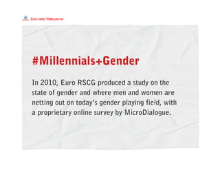 #Millennials+Gender
In 2010, Euro RSCG produced a study on the
state of gender and where men and women are
netting out on today’s gender playing field, with
a proprietary online survey by MicroDialogue.
 