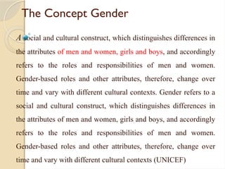 The Concept Gender
A social and cultural construct, which distinguishes differences in
the attributes of men and women, girls and boys, and accordingly
refers to the roles and responsibilities of men and women.
Gender-based roles and other attributes, therefore, change over
time and vary with different cultural contexts. Gender refers to a
social and cultural construct, which distinguishes differences in
the attributes of men and women, girls and boys, and accordingly
refers to the roles and responsibilities of men and women.
Gender-based roles and other attributes, therefore, change over
time and vary with different cultural contexts (UNICEF)
 