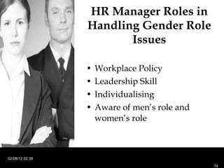 HR Manager Roles in Handling Gender Role Issues Workplace Policy Leadership Skill Individualising Aware of men’s role and women’s role 02/08/12   02:38 