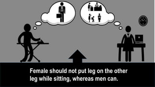Female should not put leg on the other
leg while sitting, whereas men can.
 
