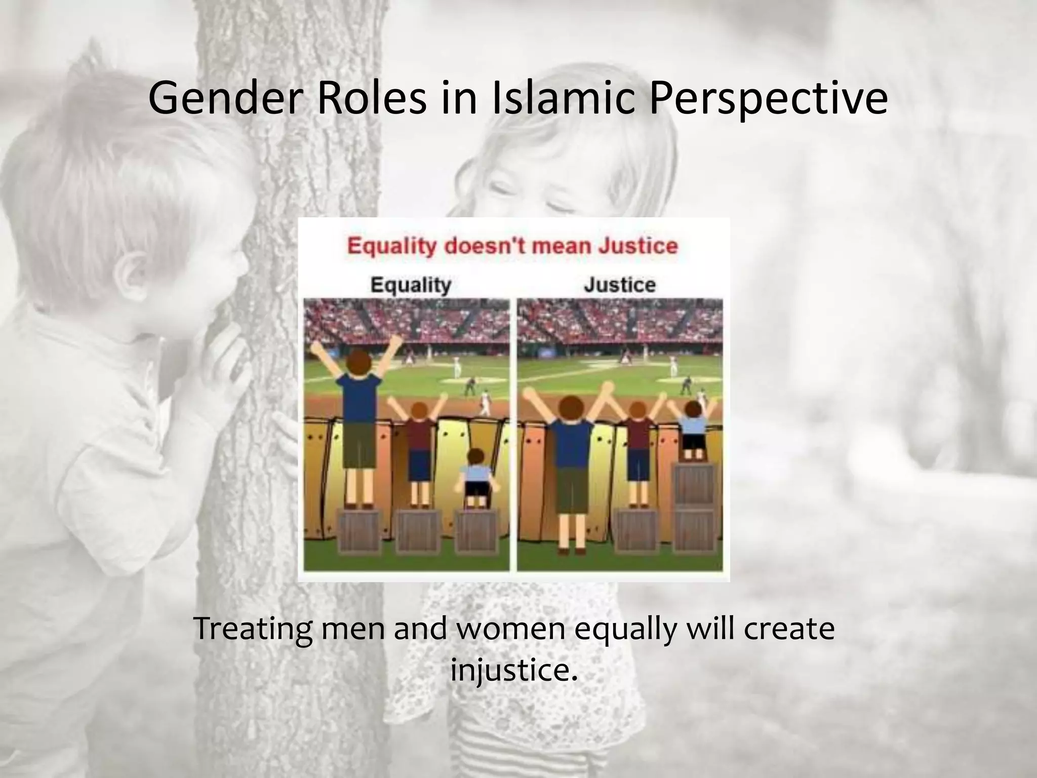 Gender Roles in Islamic Perspective
Treating men and women equally will create
injustice.
 