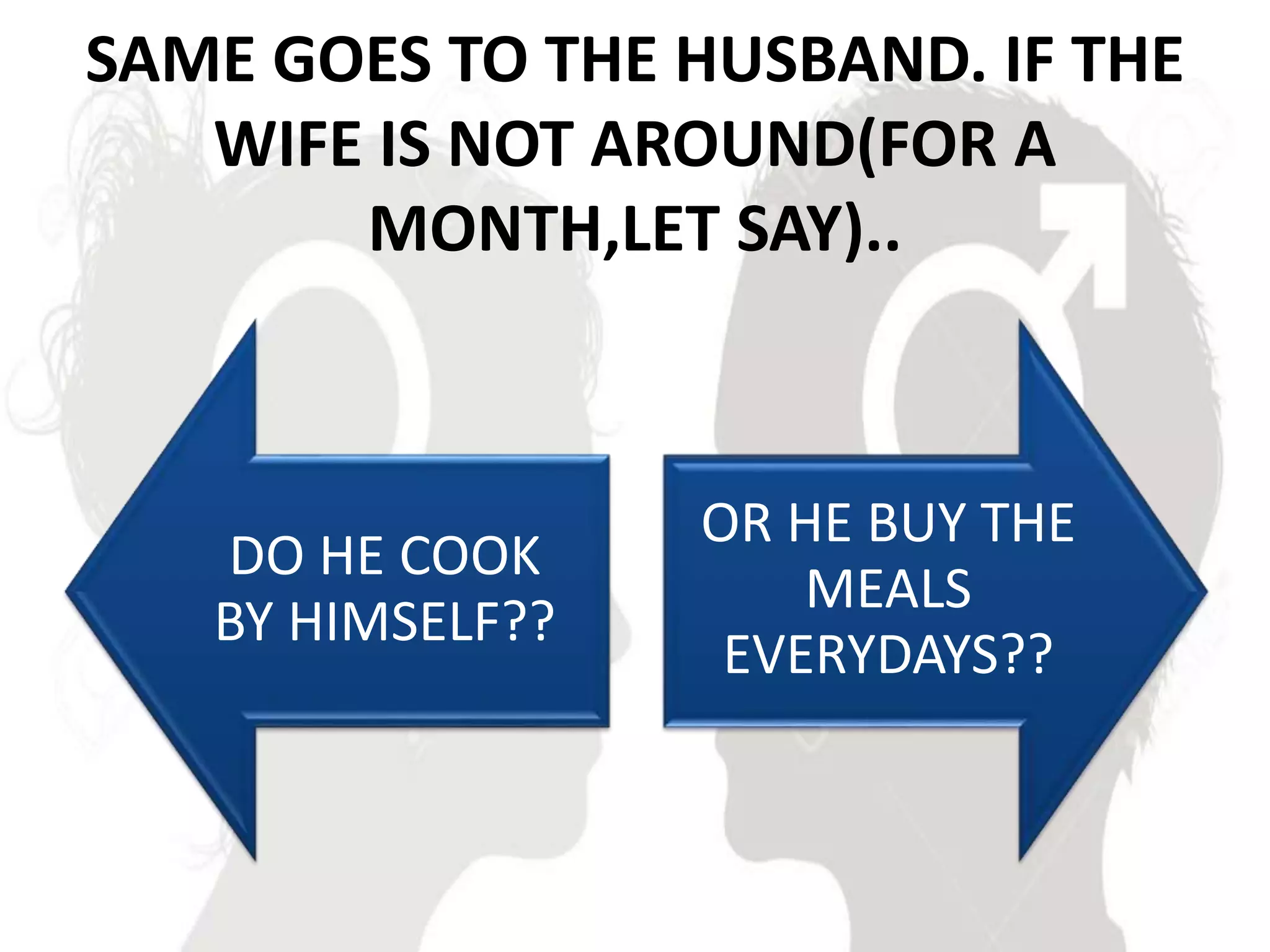 SAME GOES TO THE HUSBAND. IF THE
WIFE IS NOT AROUND(FOR A
MONTH,LET SAY)..
DO HE COOK
BY HIMSELF??
OR HE BUY THE
MEALS
EVERYDAYS??
 