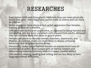 RESEARCHES
• Even before birth and throughout childhood, boys are more physically
active than girls – they fidget and squirm more as infants and run more
as children.
• Males engage in more physical and verbal aggression than females,
starting as early as 17 months.
• Girls are more tactful and cooperative, as opposed to being forceful and
demanding, and are more compliant with request from adults, although
they are no more likely than boys to give in peers.
• Females are prone to develop anxiety disorders, depression, and
phobias. In contrast, males are more likely to display antisocial
behaviors, and drug and alcohol abuse.
• Historically, males outperformed females on standardized tests of
mathematical ability. Boys surpass girls at mental rotation and
determining relations between objects in space (spatial ability).
• Girls excel at reading, spelling and writing and are less likely to have
language-related difficulties.
 