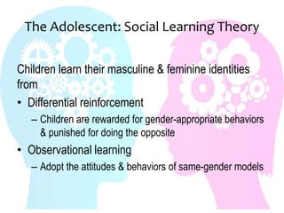 The Adolescent: Social Learning Theory
Children learn their masculine & feminine identities
from
• Differential reinforcement
– Children are rewarded for gender-appropriate behaviors
& punished for doing the opposite
• Observational learning
– Adopt the attitudes & behaviors of same-gender models
 