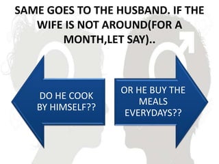 SAME GOES TO THE HUSBAND. IF THE
WIFE IS NOT AROUND(FOR A
MONTH,LET SAY)..
DO HE COOK
BY HIMSELF??
OR HE BUY THE
MEALS
EVERYDAYS??
 