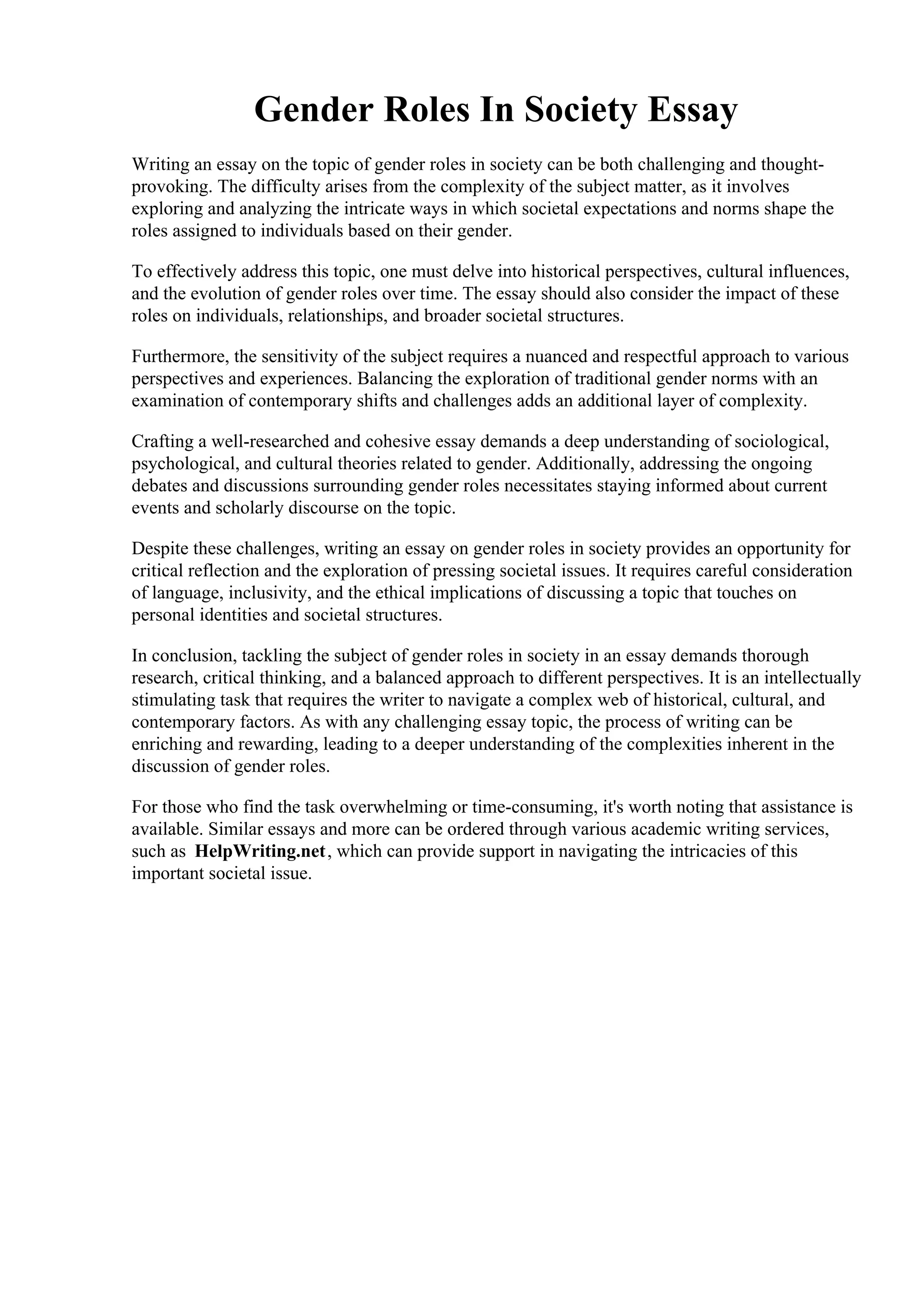 Gender Roles In Society Essay. Gender Roles Summary Essay Example ...