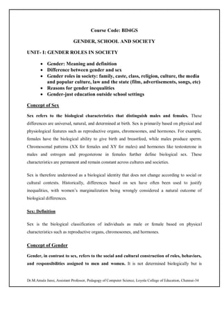 Gender,School and Society -Unit-1- Gender Roles in Society-B.Ed.Notes | PDF