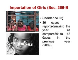 Importation of Girls (Sec. 366-B
IPC)
(Incidence 36)
36 cases
were
year
201
0
reported during the
as
compared to 48
cases in the
previous year
(2009).
 
