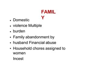 FAMIL
Y
Domestic
violence Multiple
burden
Family abandonment by
husband Financial abuse
Household chores assigned to
women
Incest
 