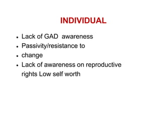 INDIVIDUAL
Lack of GAD awareness
Passivity/resistance to
change
Lack of awareness on reproductive
rights Low self worth
 