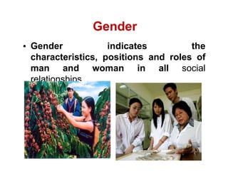 Gender indicates the
characteristics, positions and roles of
man and woman in all social
relationships.
Gender
 