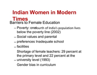Indian Women in Modern
Times
Barriers to Female Education
Poverty: one-
below the poverty line (2002)
Social values and parental
preferences Inadequate school
facilities
Shortage of female teachers: 29 percent at
the primary level and 22 percent at the
university level (1993)
Gender bias in curriculum
 
