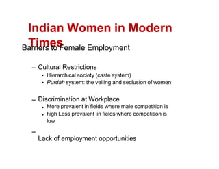 Indian Women in Modern
Times
Barriers to Female Employment
Cultural Restrictions
Hierarchical society (caste system)
Purdah system: the veiling and seclusion of women
Discrimination at Workplace
More prevalent in fields where male competition is
high Less prevalent in fields where competition is
low
Lack of employment opportunities
 