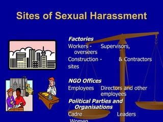 Sites of Sexual Harassment <ul><li>Factories </li></ul><ul><li>Workers - Supervisors, overseers </li></ul><ul><li>Construc...