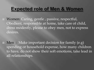  Women: Caring, gentle , passive, respectful,
Obedient, responsible at home, take care of child,
dress modestly, please to obey men, not to express
desires.
 Men : Make important decision for family (e.g)
spending or household expense, how many children
to have, do not show their soft emotions, take lead in
all relationships.
 
