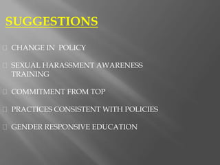 SUGGESTIONS
CHANGE IN POLICY
SEXUAL HARASSMENT AWARENESS
TRAINING
COMMITMENT FROM TOP
PRACTICES CONSISTENT WITH POLICIES
GENDER RESPONSIVE EDUCATION
 