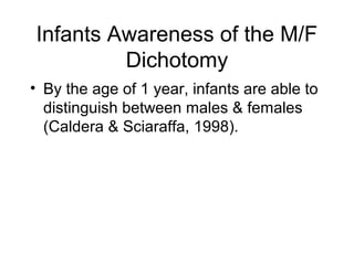 Infants Awareness of the M/F
Dichotomy
• By the age of 1 year, infants are able to
distinguish between males & females
(Caldera & Sciaraffa, 1998).
 
