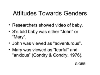 Attitudes Towards Genders
• Researchers showed video of baby.
• S’s told baby was either “John” or
“Mary”.
• John was viewed as “adventurous”.
• Mary was viewed as “fearful” and
“anxious” (Condry & Condry, 1976).
GIOBBI
 